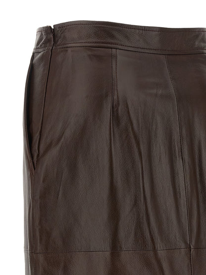 Brown Lamb Leather Midi Skirt