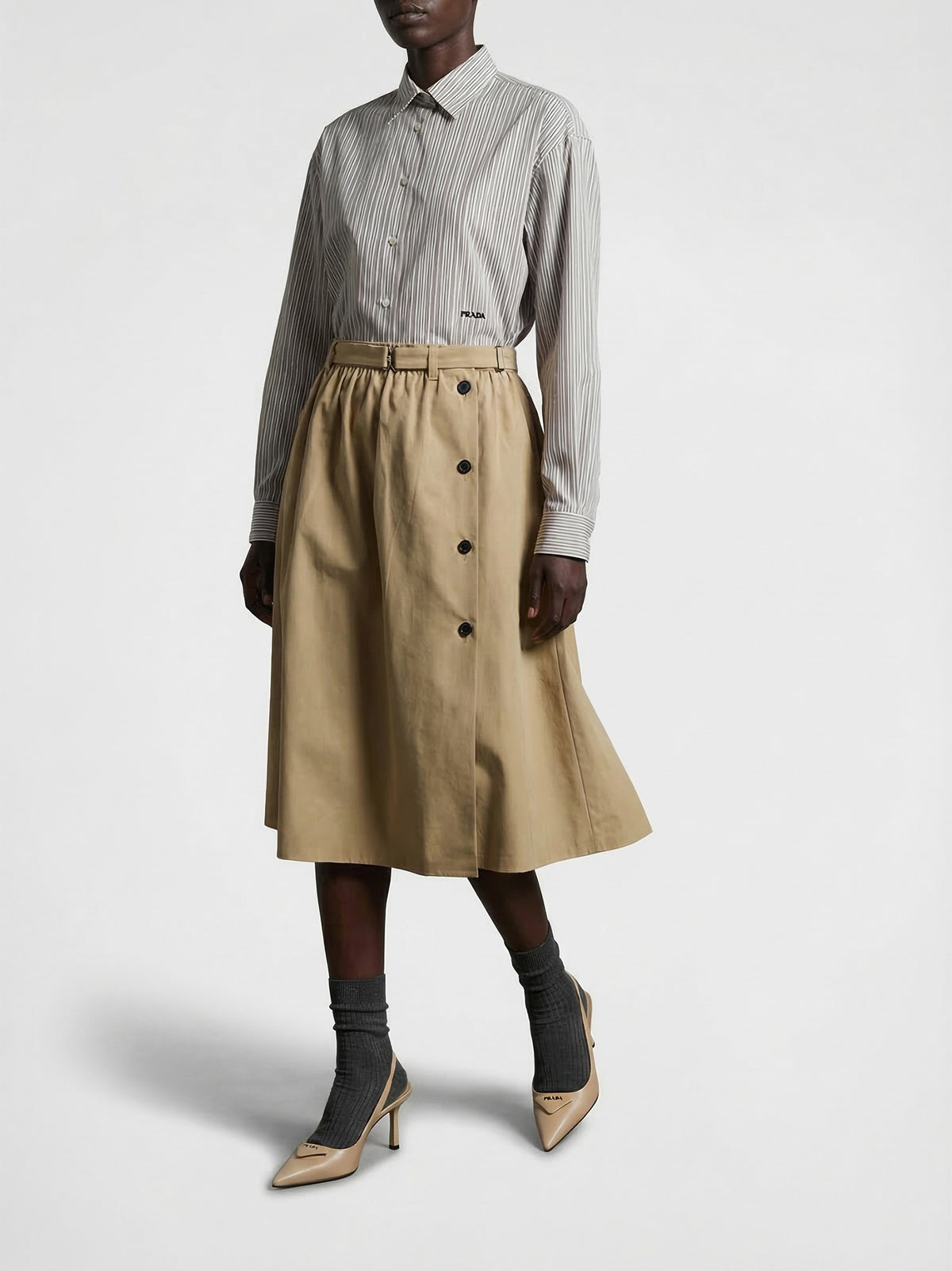Beige Cotton Midi Skirt