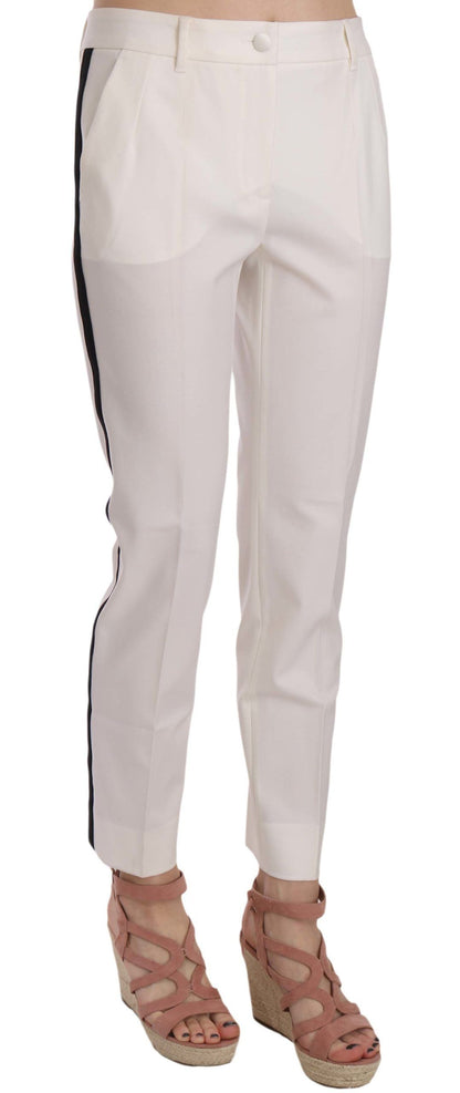 Elegant White Stripe Wool Tapered Trousers