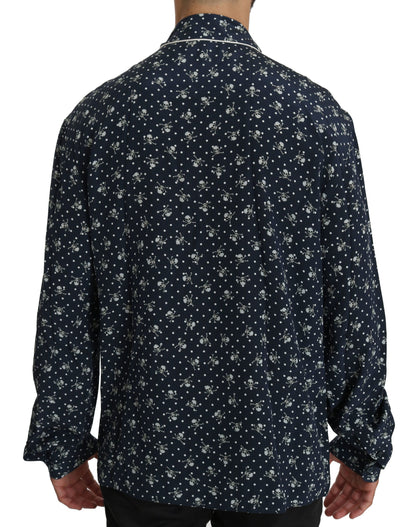 Silken Elegance: Blue Skull Print Lounge Shirt