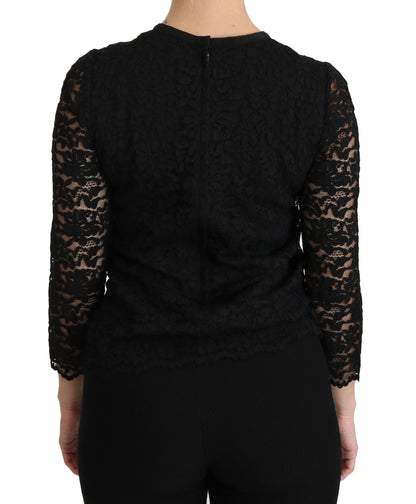 Elegant Black Lace Crew Neck Blouse