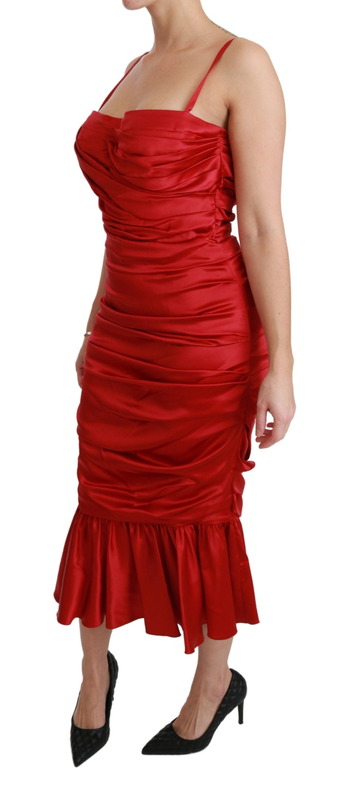 Exquisite Red Silk Fit and Flare Midi Dress