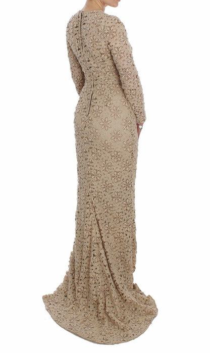 Beige Floral Lace Long Sleeve Maxi Dress