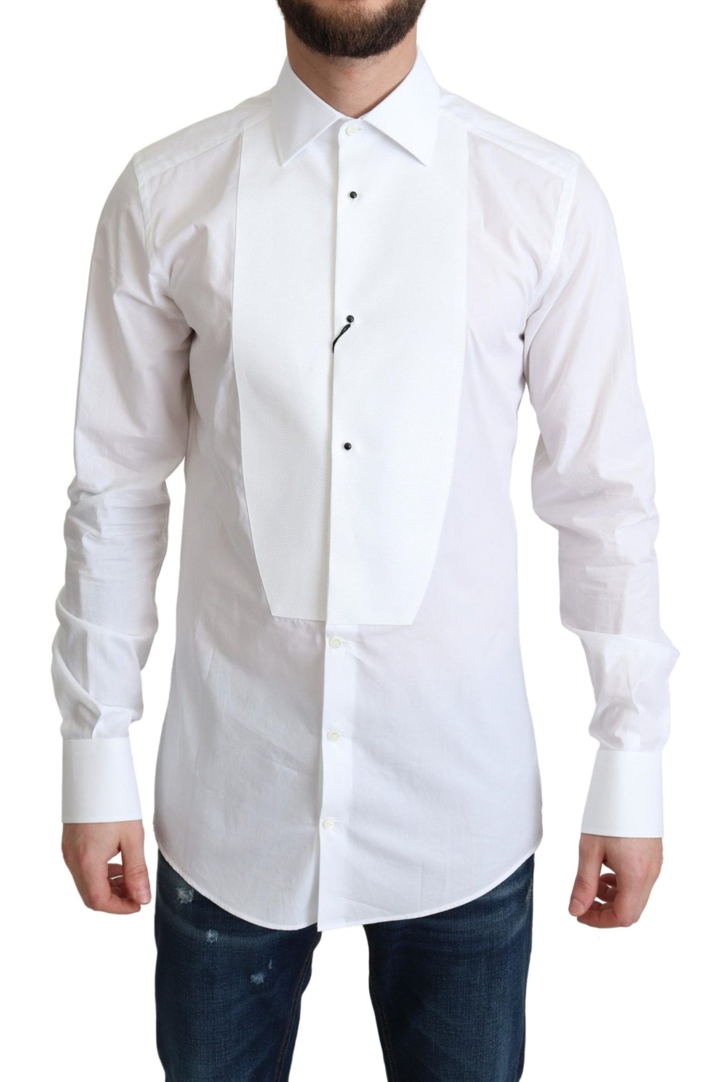 Elegant White Cotton Bib Dress Shirt