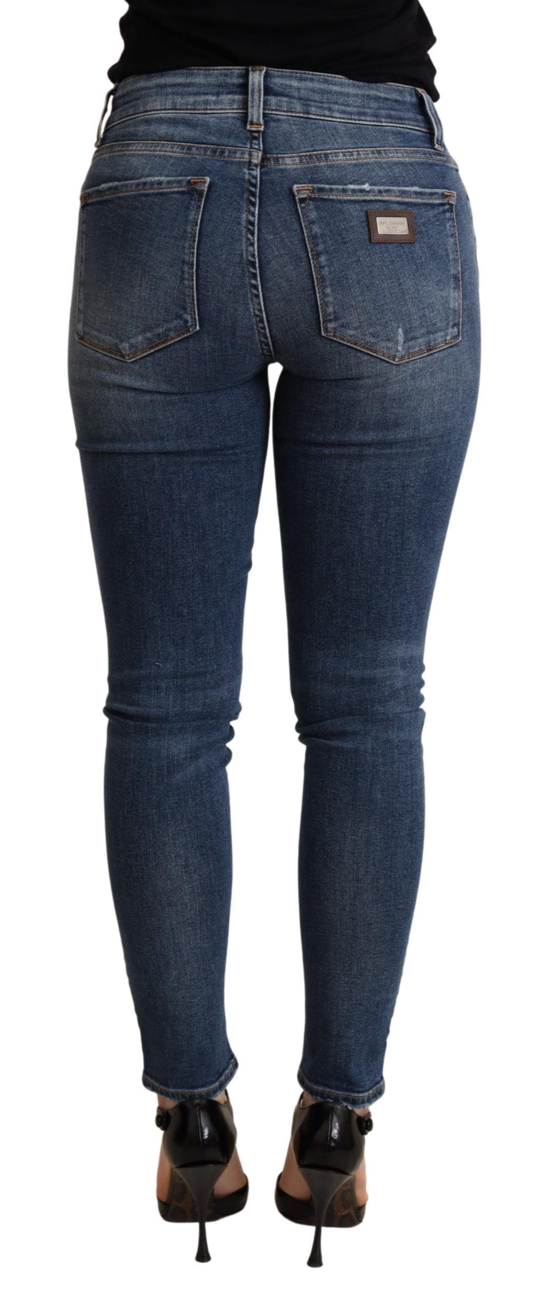 Elegant Mid Waist Skinny Blue Jeans