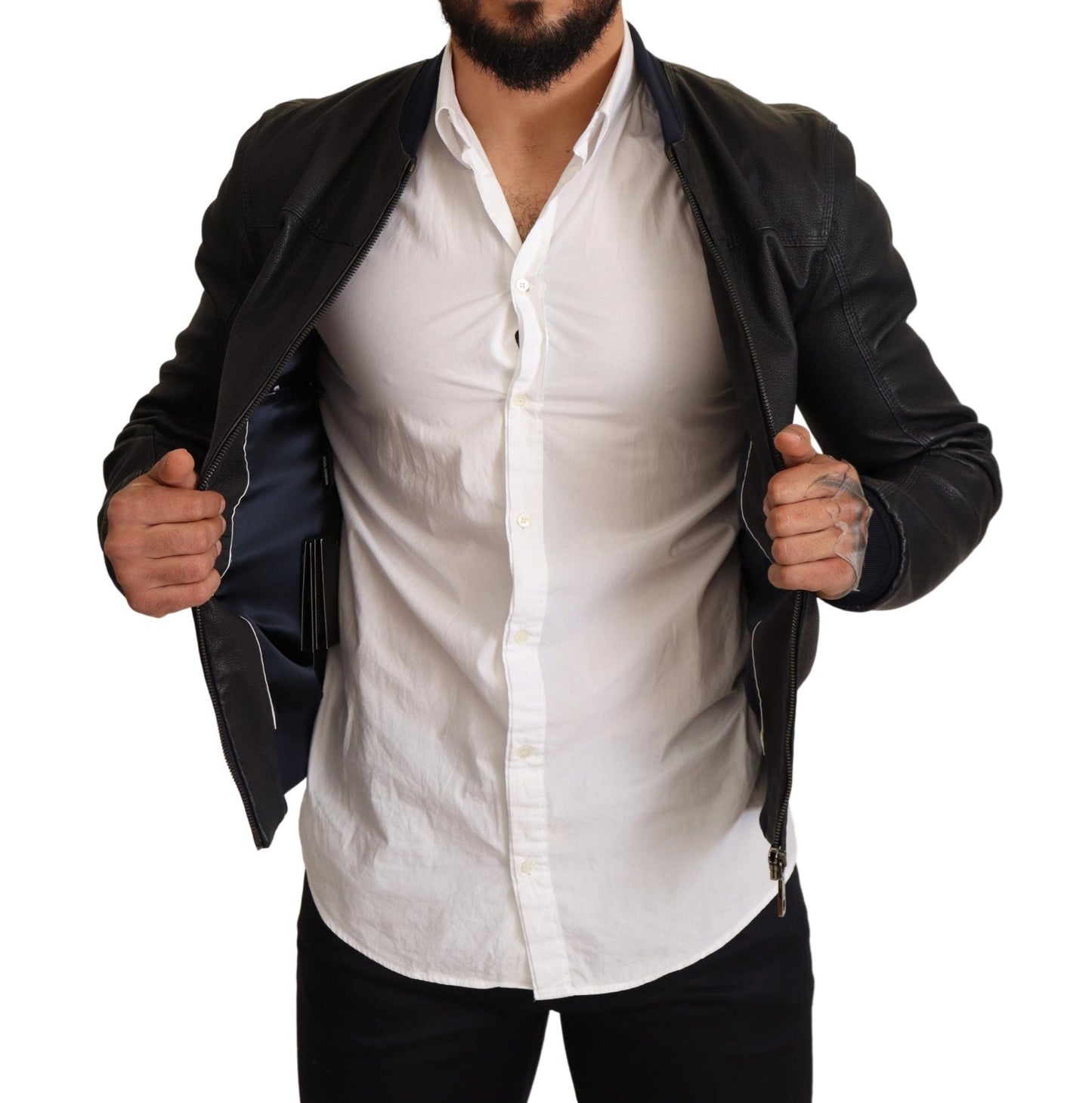 Elegant Leather Bomber Jacket in Dark Blue