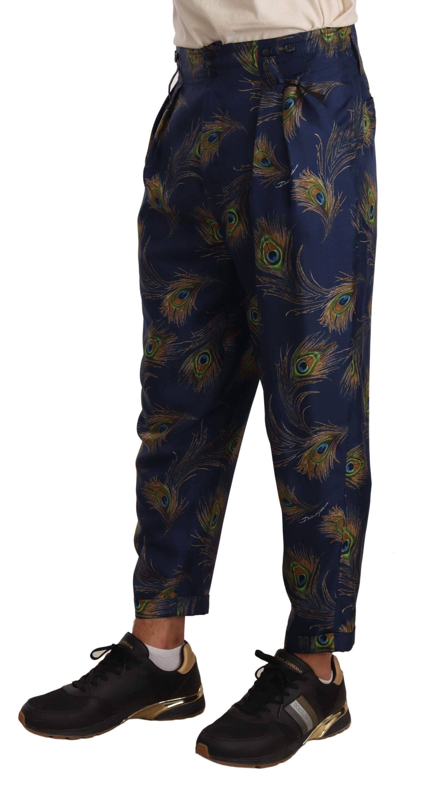 Exquisite Peacock Print Silk Trousers