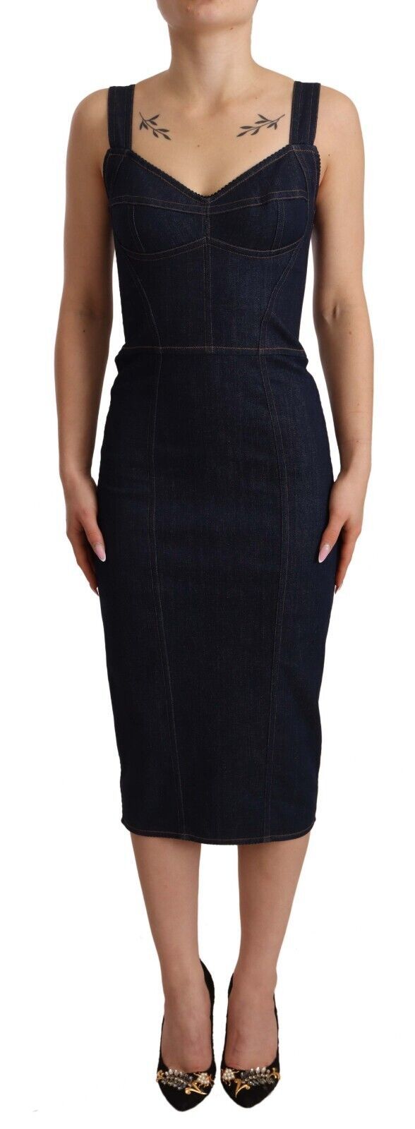 Elegant Dark Blue Denim Sheath Midi Dress