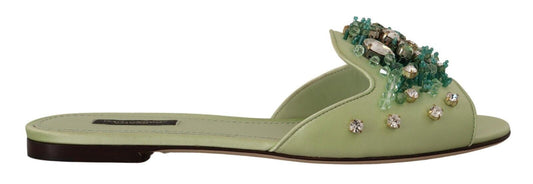 Elegant Crystal-Embellished Green Leather Slides