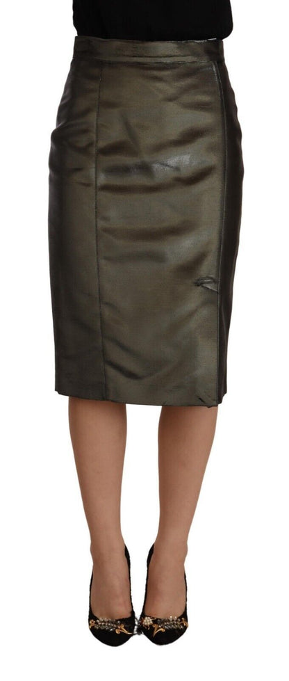 Metallic Gray High Waist Pencil Midi Skirt