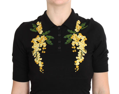 Elegant Black Silk Floral Polo Top