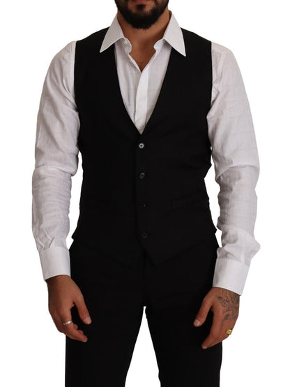 Elegant Black Virgin Wool Dress Vest