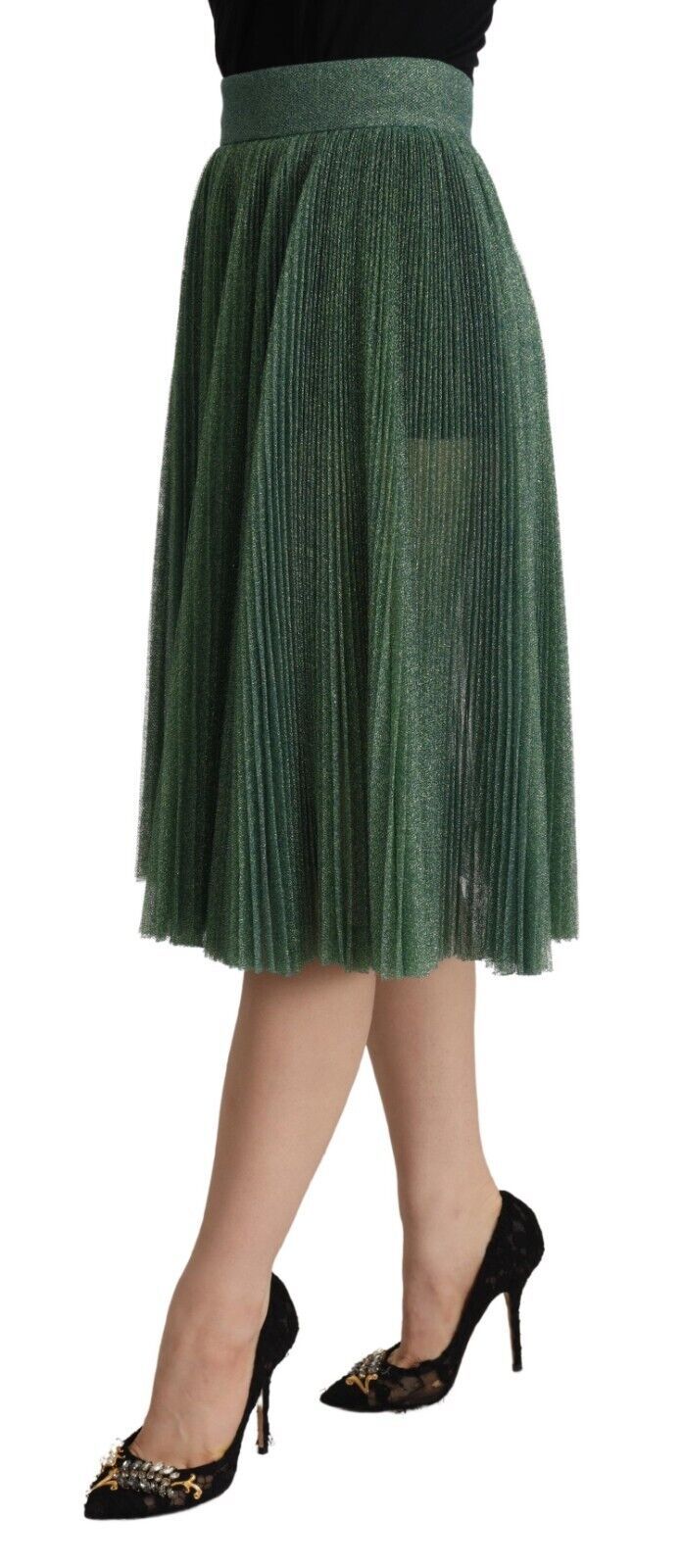 Metallic Green Pleated A-Line Midi Skirt