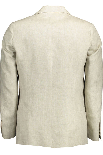 Beige Linen Classic Jacket with Logo Detailing