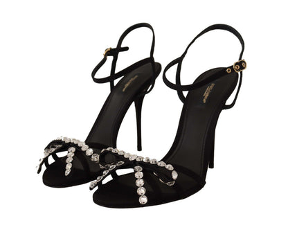 Elegant Black Viscose Ankle Strap Sandals with Crystals