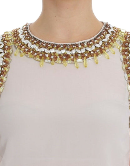 Elegant Sleeveless Silk Blouse with Crystal Embellishment