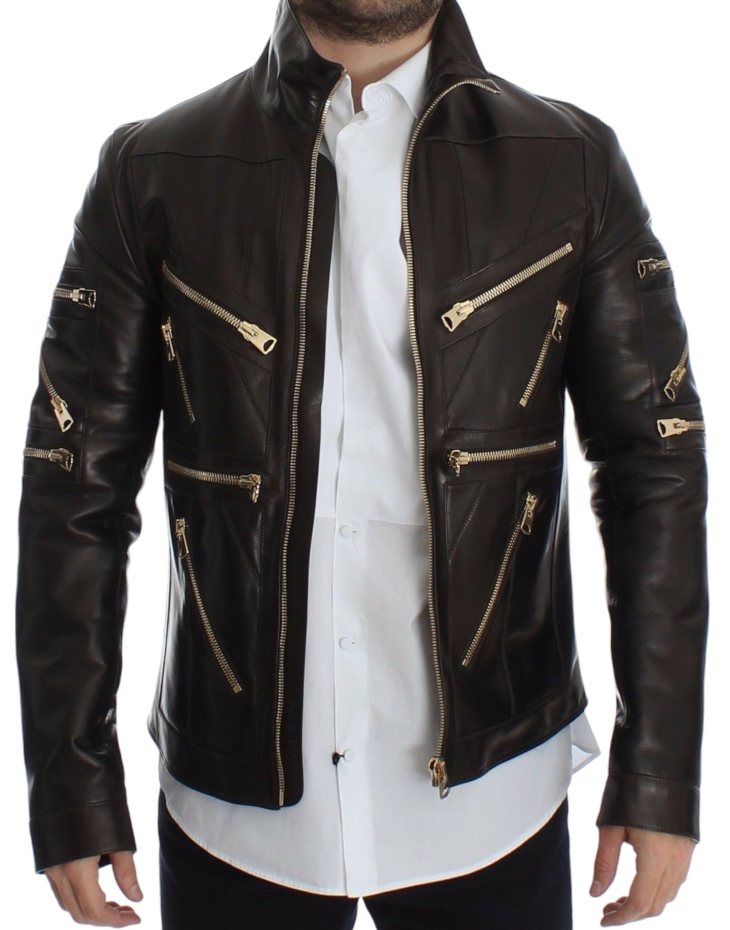Elegant Brown Gold-Detailed Leather Jacket