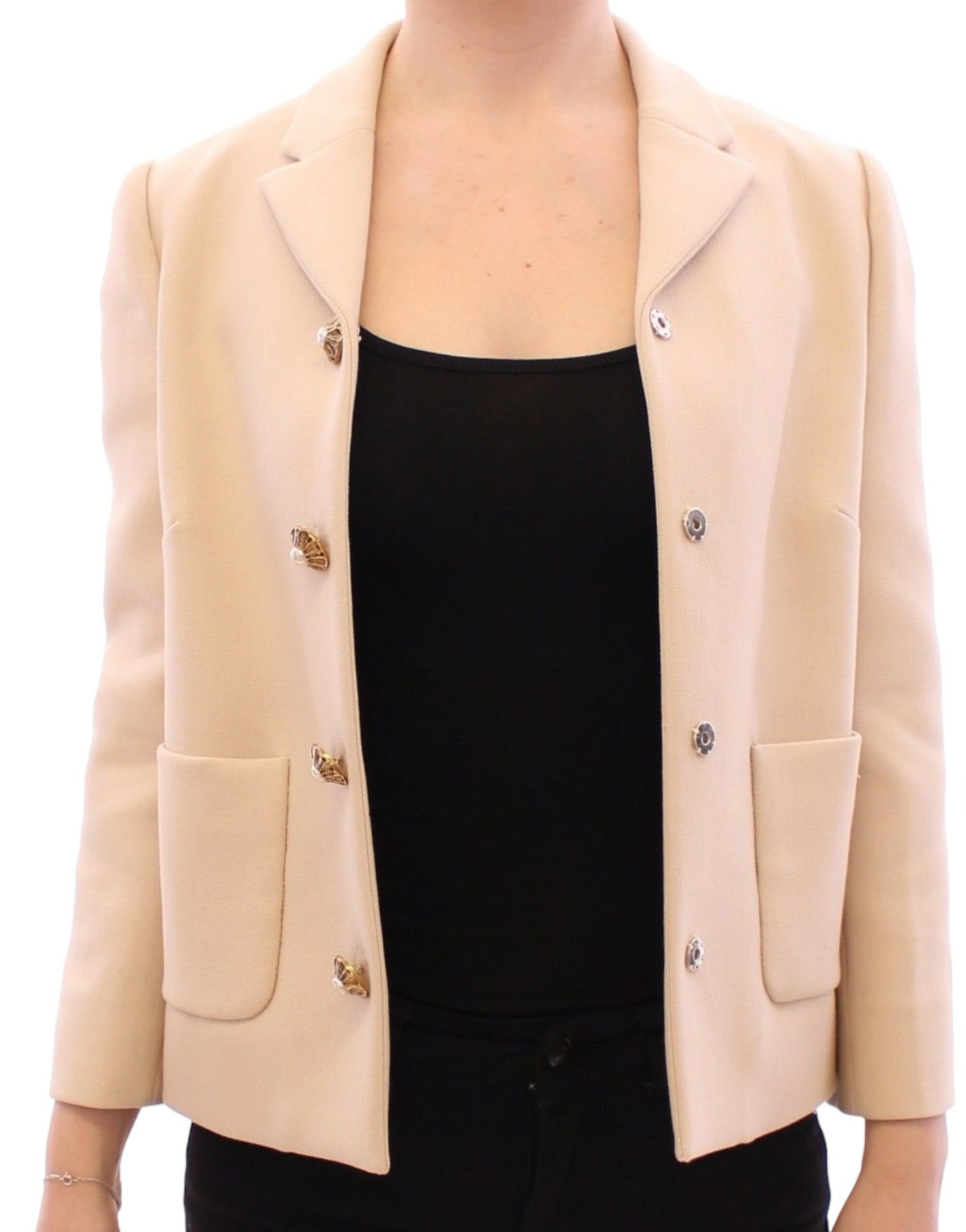 Elegant Beige Wool-Blend Jacket with Gold Accents