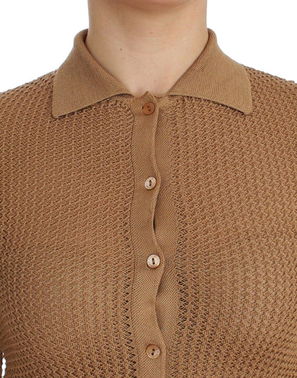 Beige Knitted Cotton Polo Cardigan Sweater