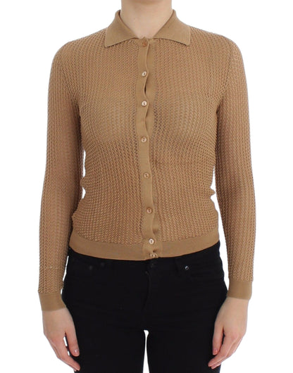 Beige Knitted Cotton Polo Cardigan Sweater