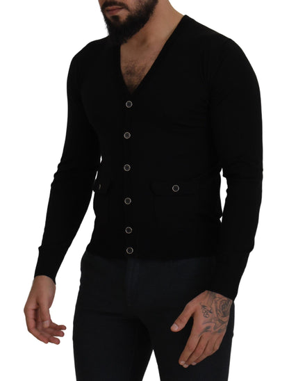 Elegant Wool Buttoned Black Cardigan