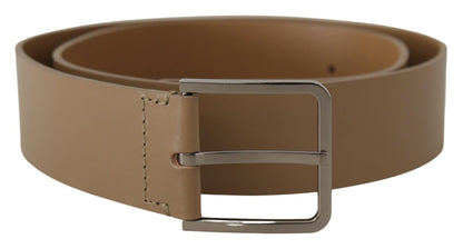 Beige Leather Statement Belt with Silver Buckle