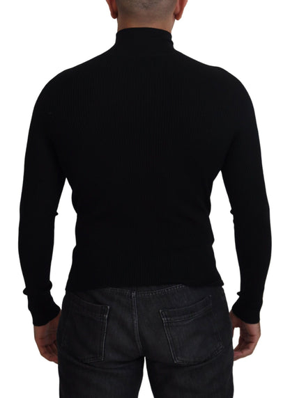 Elegant Black Wool Half Zip Turtleneck Sweater