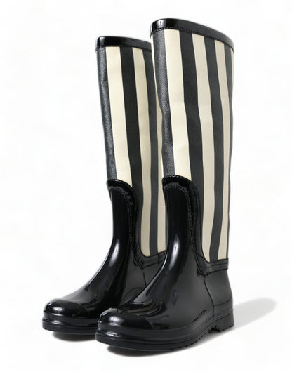 Black and White Striped Knee High Boots