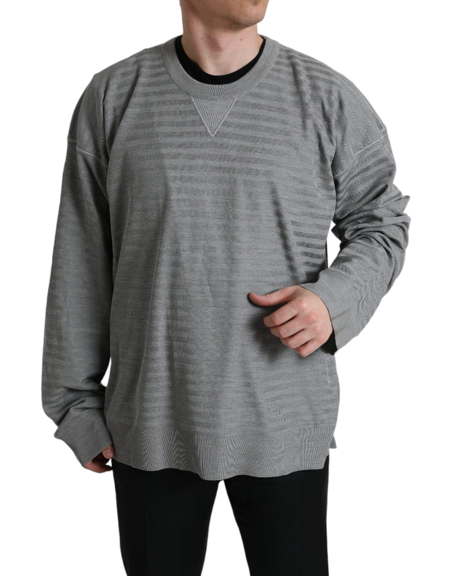 Elegant Gray Striped Silk Crewneck Pullover