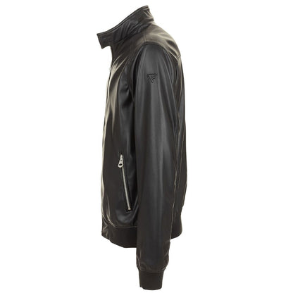 Eco-Leather Zip-Up Jacket with Buttoned Collar