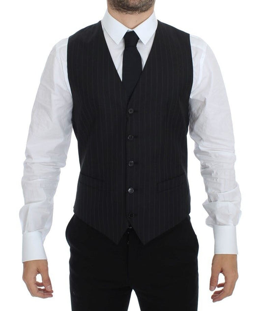 Chic Black Striped Wool Silk Dress Vest