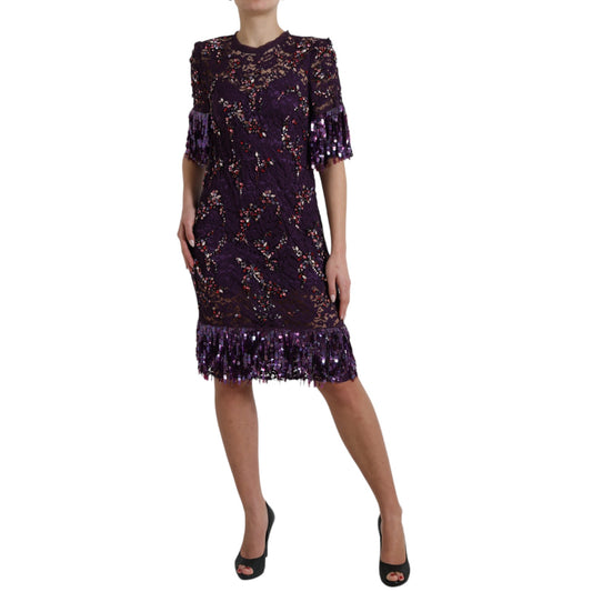 Elegant Purple Floral Lace Crystal Dress