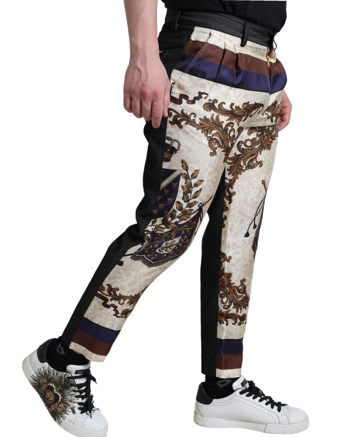 Elegant Silk Skinny Pants with Heraldic Print