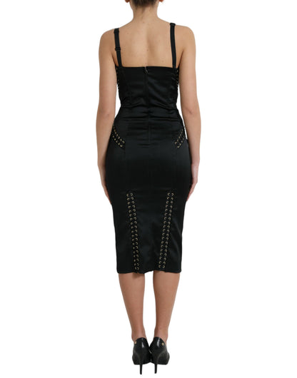 Elegant Black Lace-Up Midi Bodycon Dress