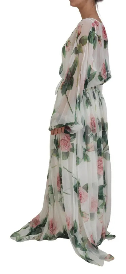 Elegant White Silk Maxi Dress with Pink Roses