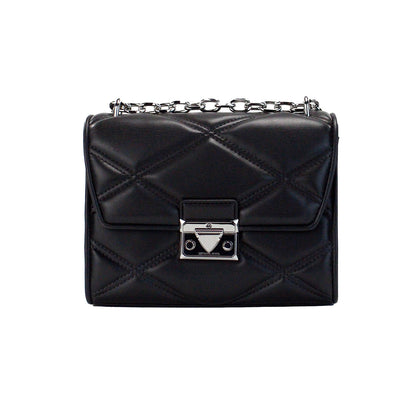 Serena Medium Black Diamond Quilted Faux Leather Flap Shoulder Bag