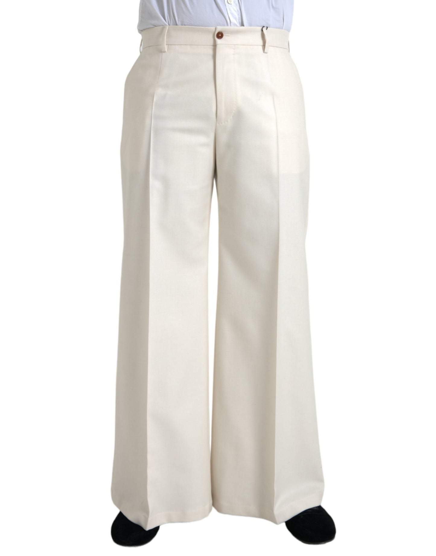 White Wool Wide Leg Mid Waist Pants