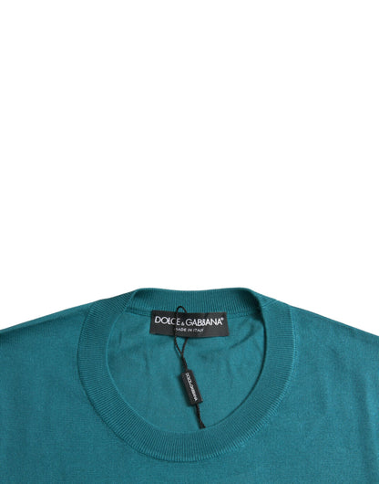 Dark Green Silk Crew Neck Pullover Sweater