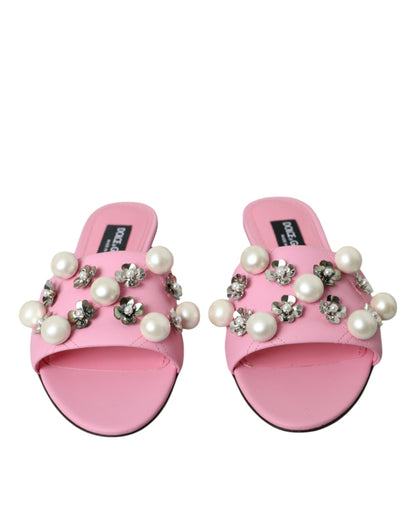 Pink Embellished Leather Flats Sandals Shoes