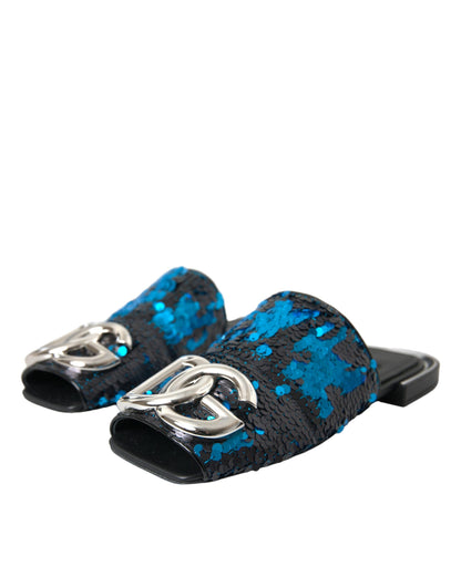 Blue Sequin Logo Slides Sandals Shoes