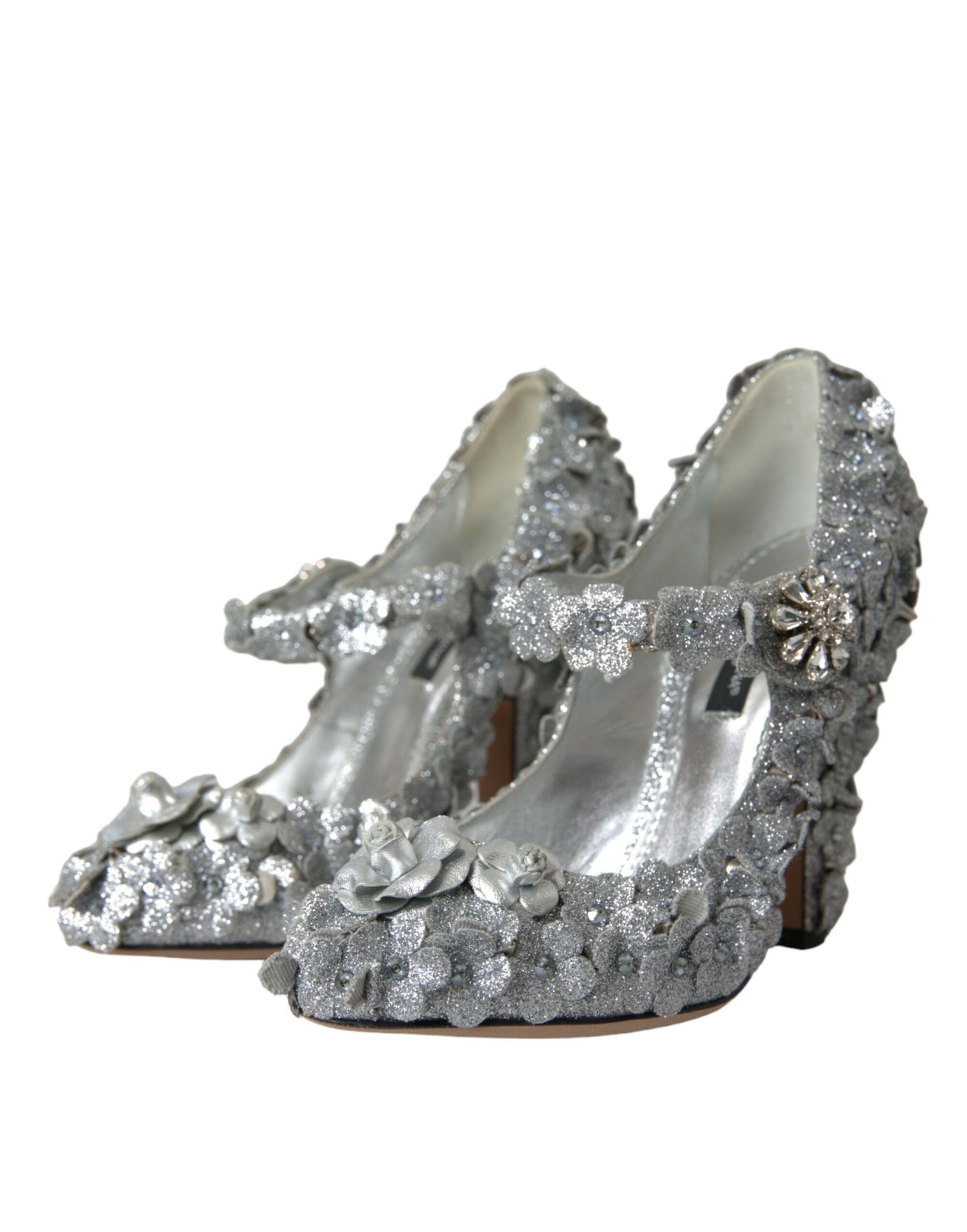 Silver Floral Crystal Mary Jane Pumps Shoes