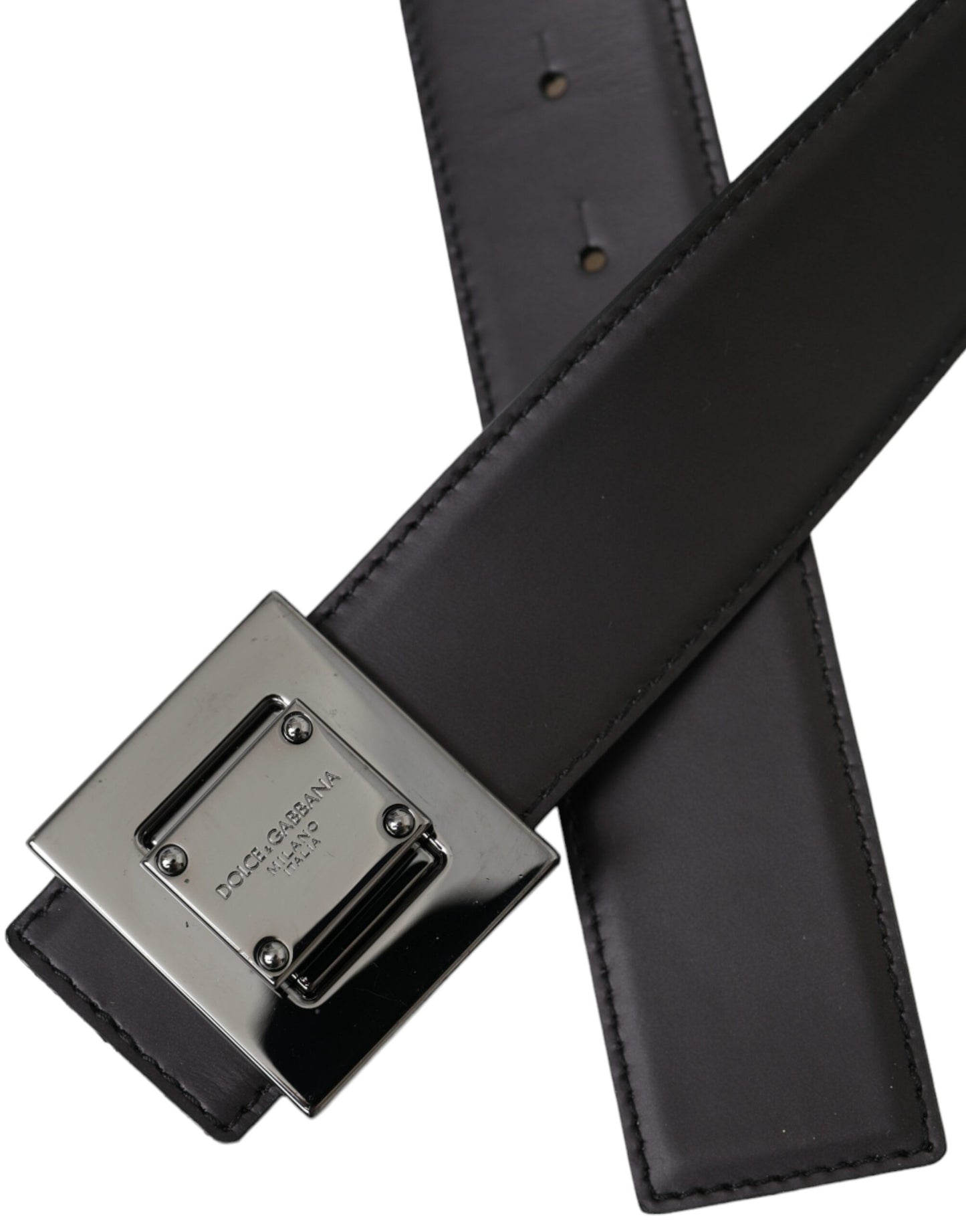 Black Calf Leather Square Metal Buckle Belt