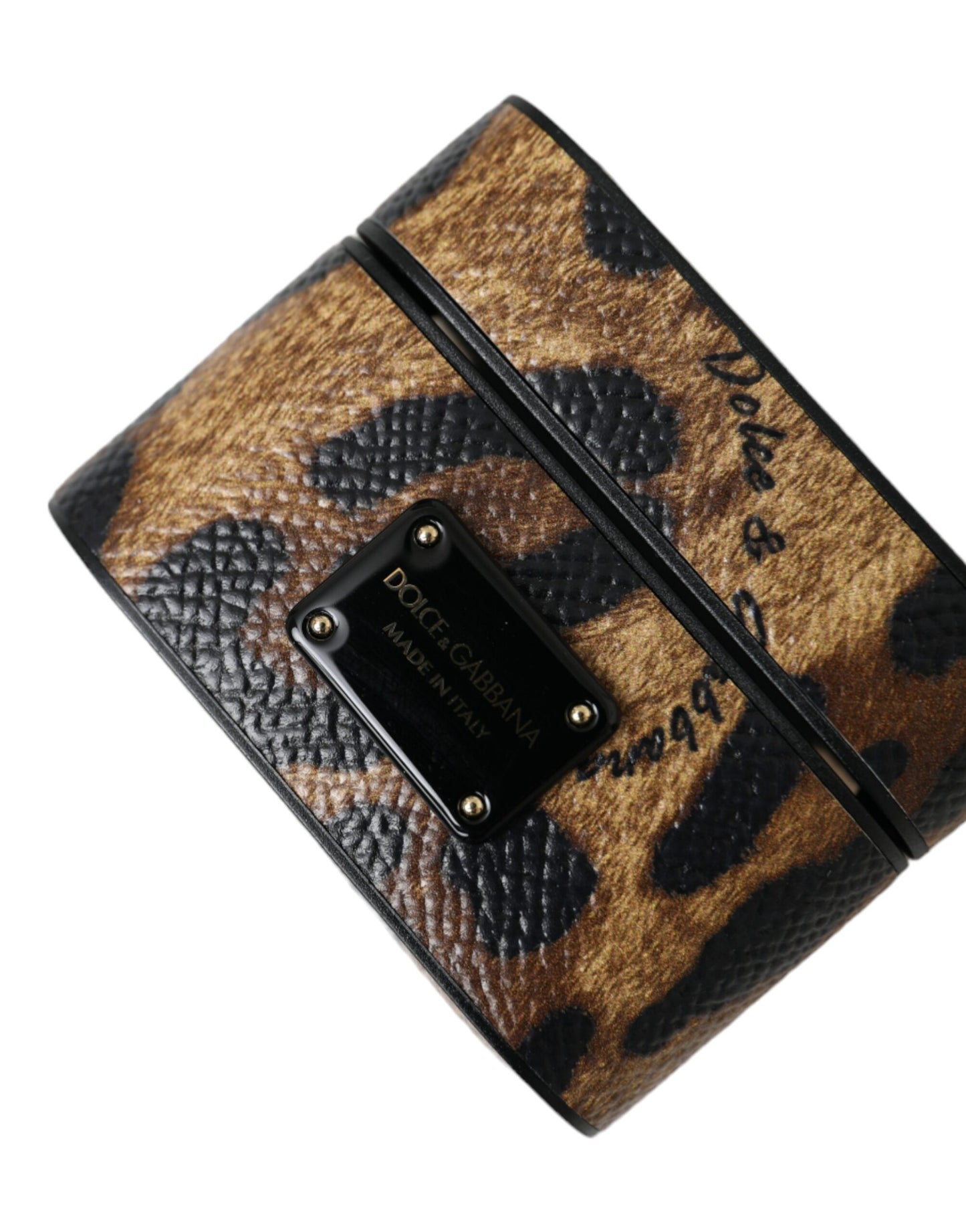 Brown Leopard Calf Leather Metal Logo Plaque Airpods Case