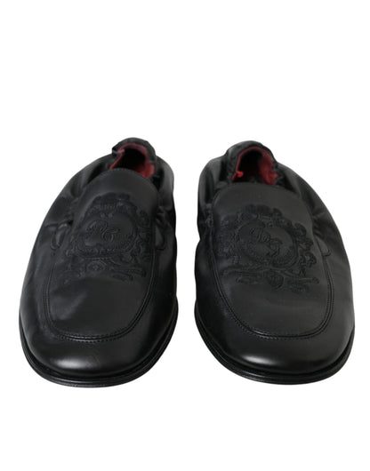 Black Logo Embroidered Leather Loafer Men Dress Shoes