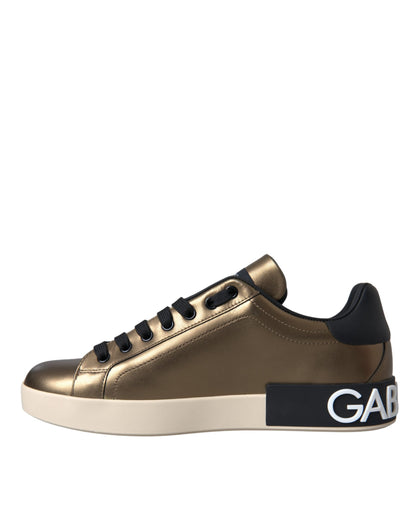 Gold Black Portofino Calf Leather Sneakers Shoes