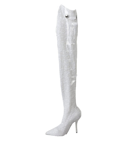 White Heels Stiletto Knee High Boots Shoes