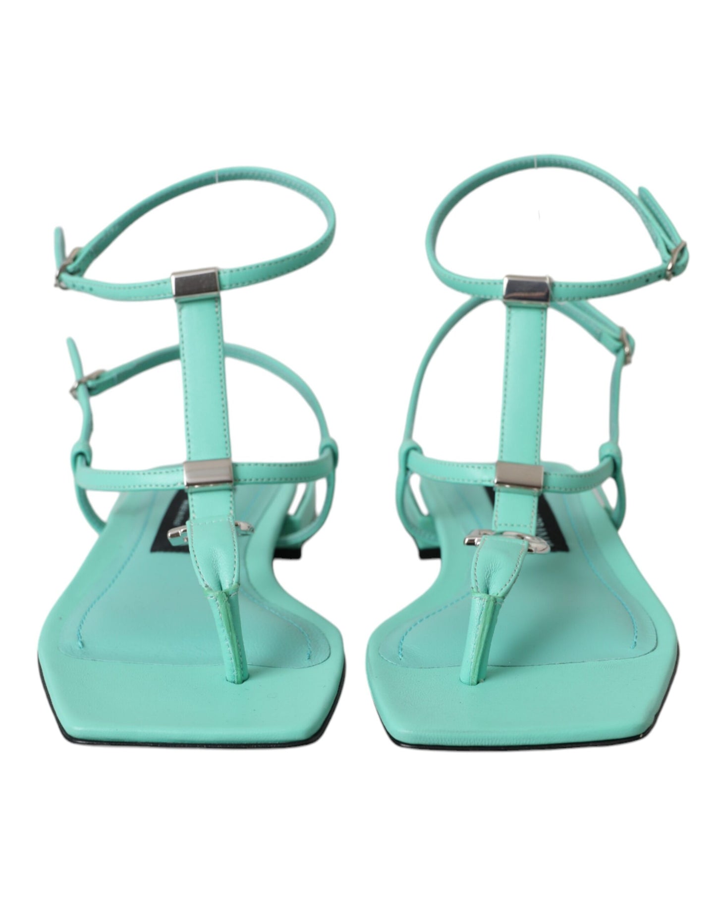 Aqua Green Leather Ankle Strap Flats Sandals Shoes