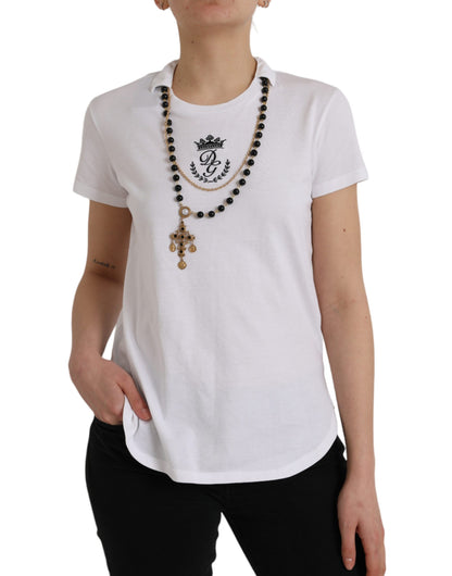 White Cotton Necklace Short Sleeves T-shirt