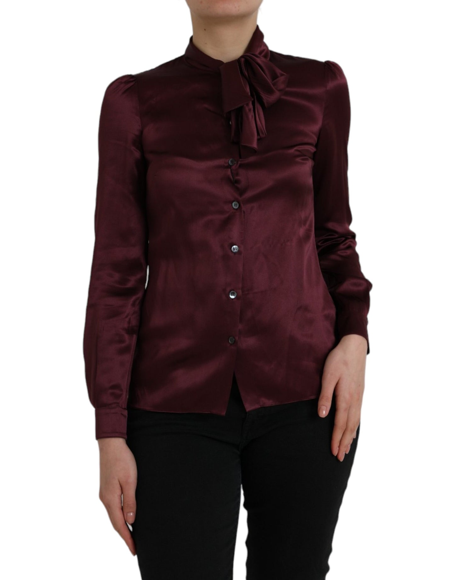 Maroon Ascot Collar Long Sleeve Top Blouse