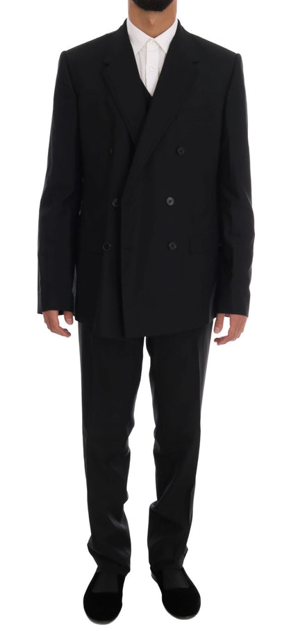 Elegant Black Wool Three-Piece Suit